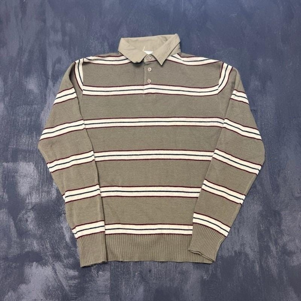 Vintage Campus Polo Shirt Mens Large Gray 1980s Long Sleeve Striped